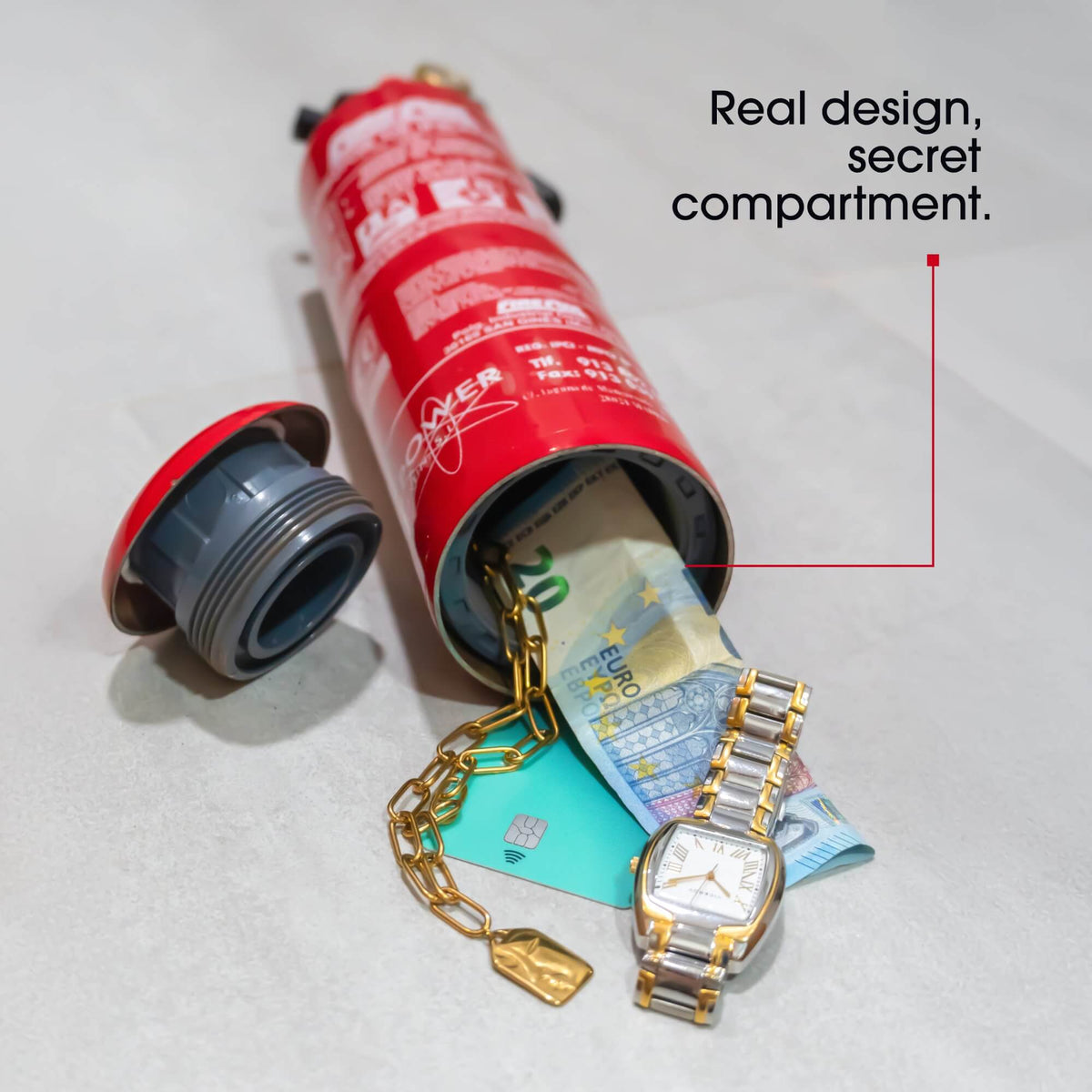 Realistic 1 kg fire extinguisher hidden safe detail view