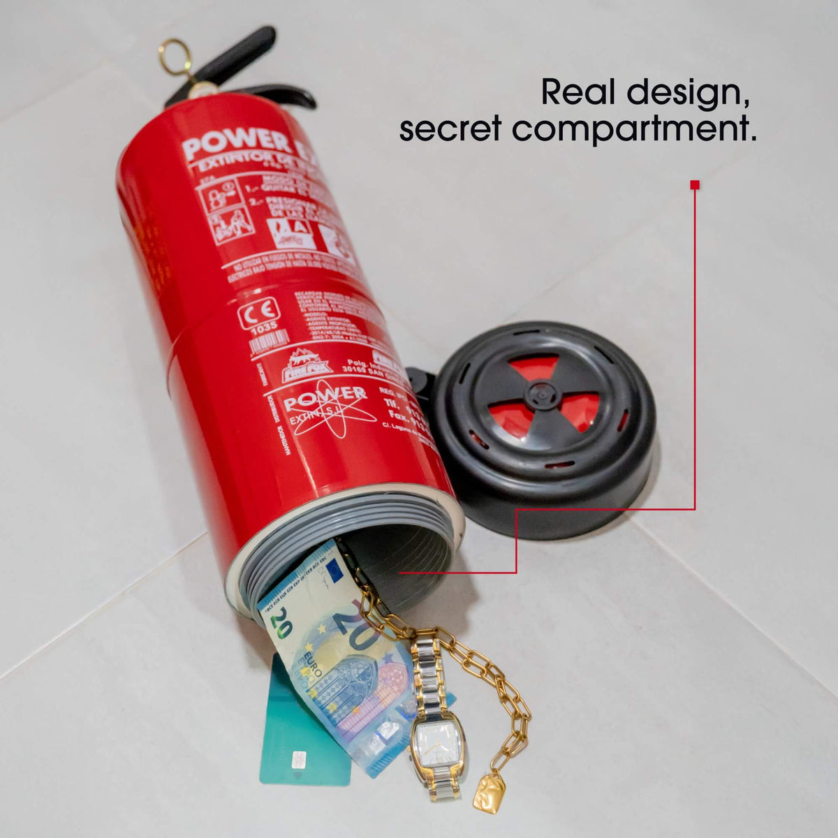 Realistic 6 kg fire extinguisher hidden safe detail view