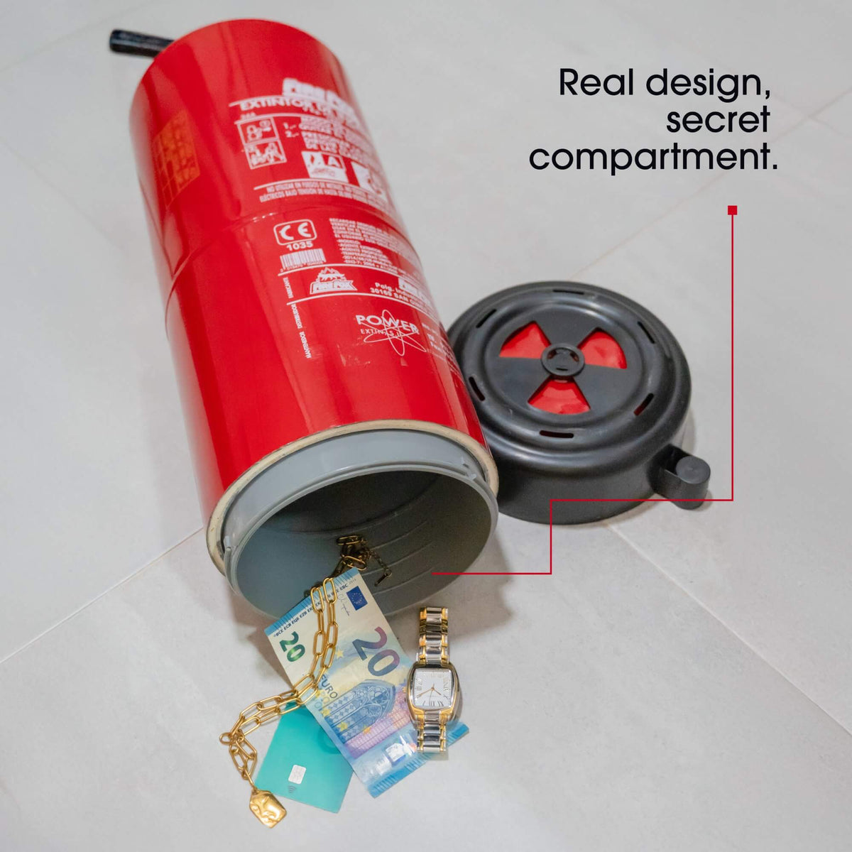 Realistic 9 kg fire extinguisher hidden safe detail view