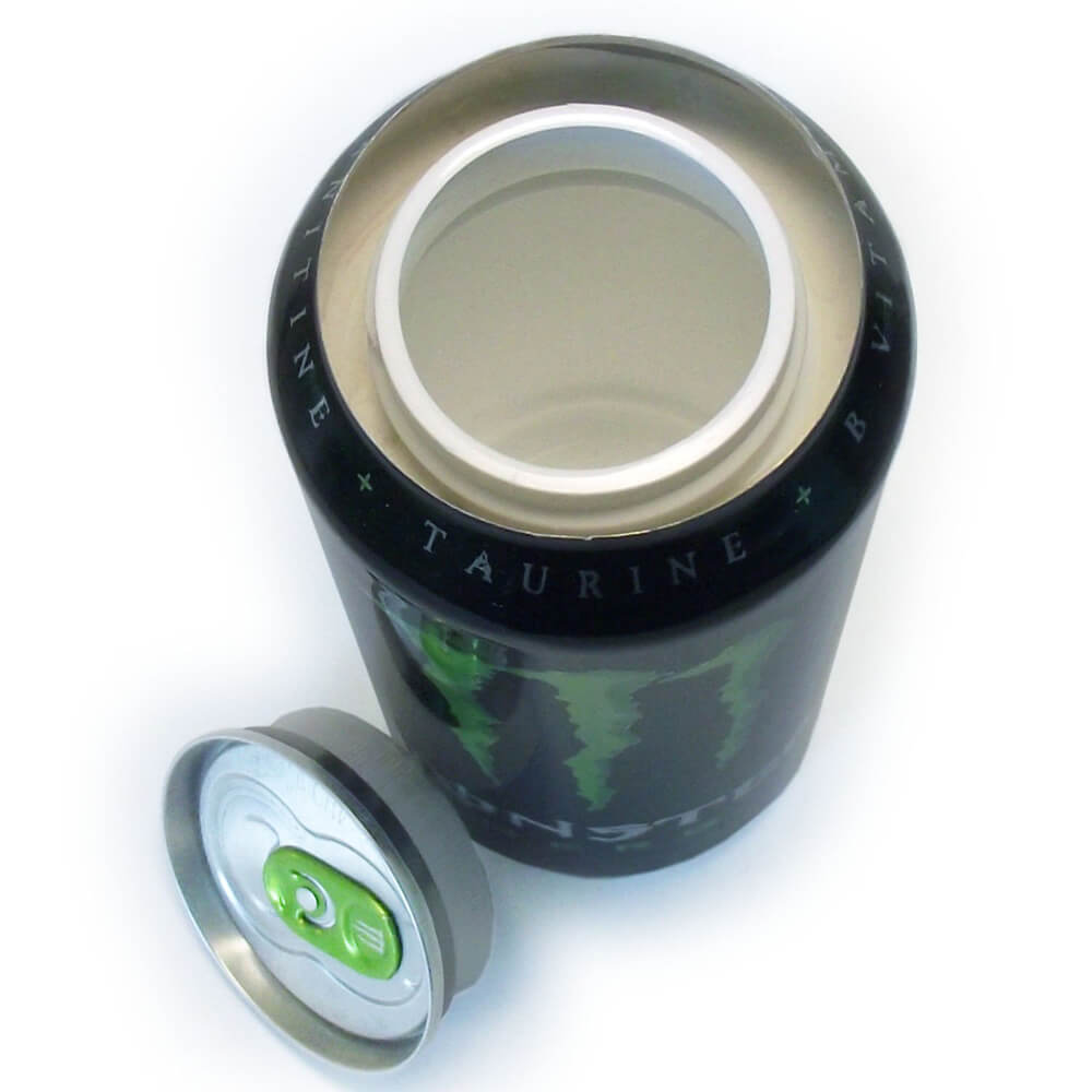 Monster energy drink can stash container open showing hidden compartment