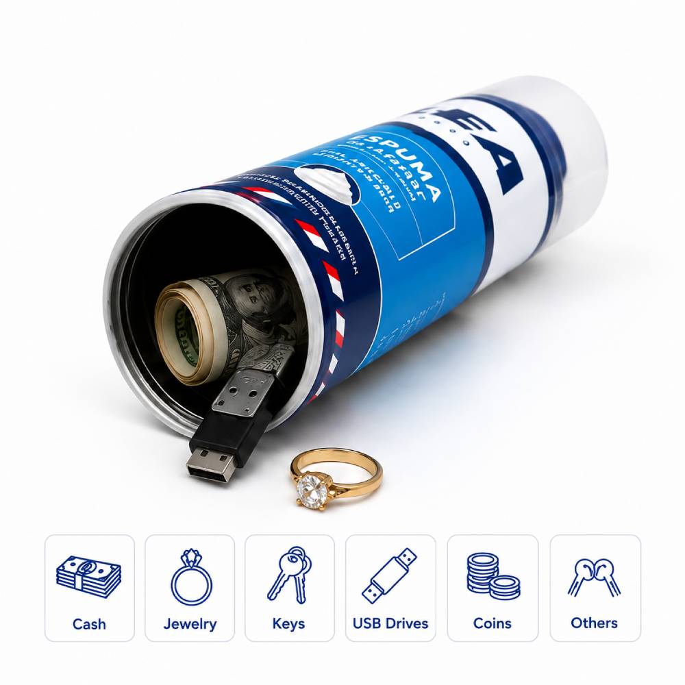 shaving foam can concealed storage compartment detail